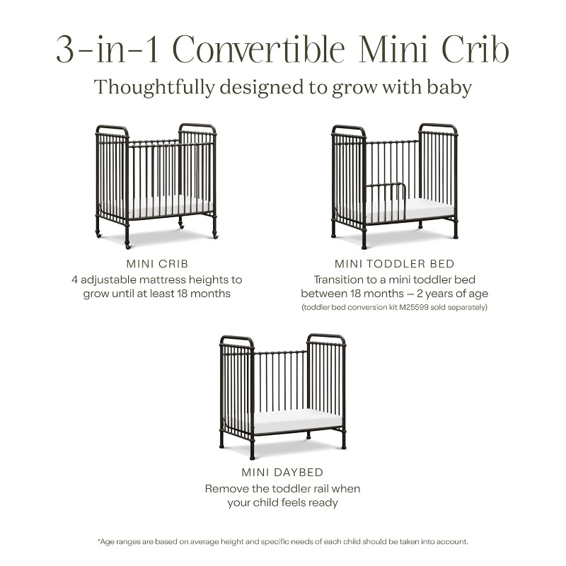 Abigail 3-in-1 Convertible Mini Metal Crib in Vintage Iron, Greenguard Gold Certified