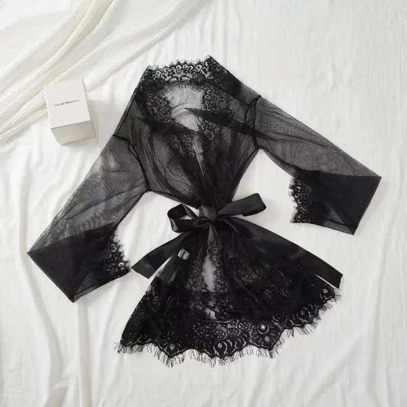 Femmes Robes pyjamas vêtements de nuit chemise de nuit sous-vêtements L XL XXL blanc noir rouge dentelle mince voir à travers la ceinture de gaze
