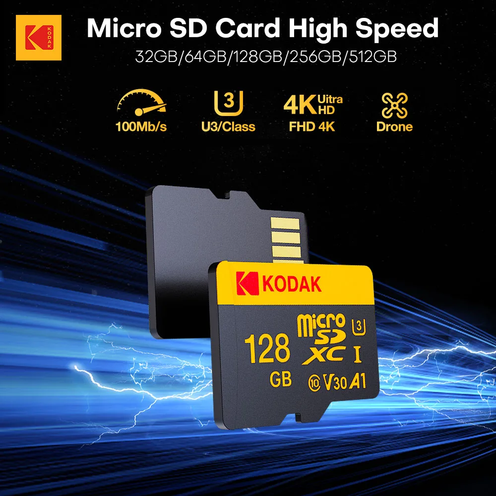 Карта памяти Kodak Micro SD для камеры, видеомониторинга, 32 ГБ, 64 ГБ, 128 ГБ, 256 ГБ, 512 ГБ, TF-карта, 100 МБ/с, C10 U3, флэш-память для хранения