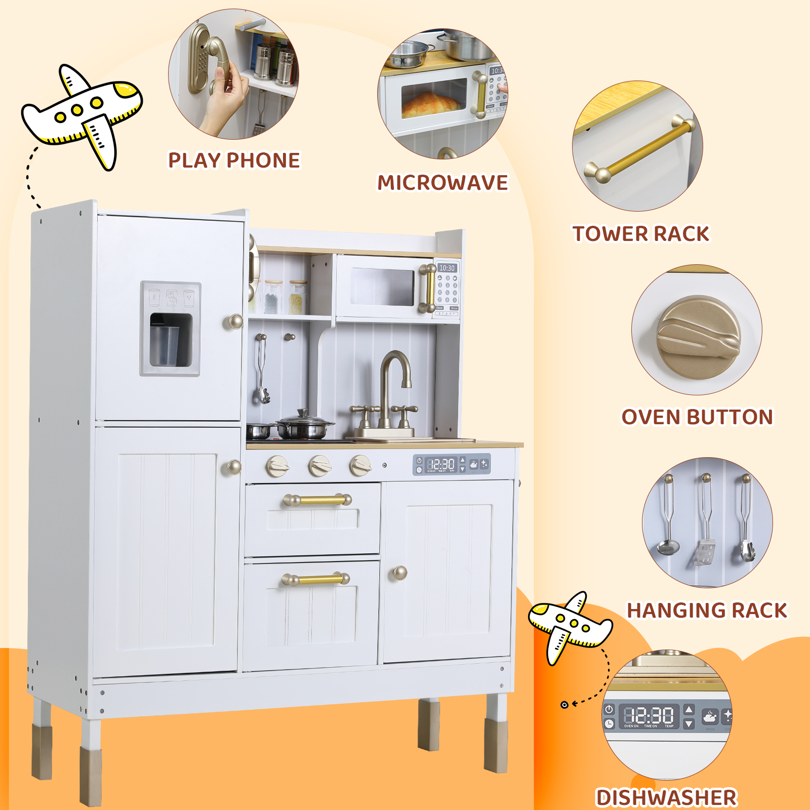 Play Kitchen for Kids, Pretend Preschool Kitchen Sets, Wooden Cooking Playset w/Realistic Light & Sound