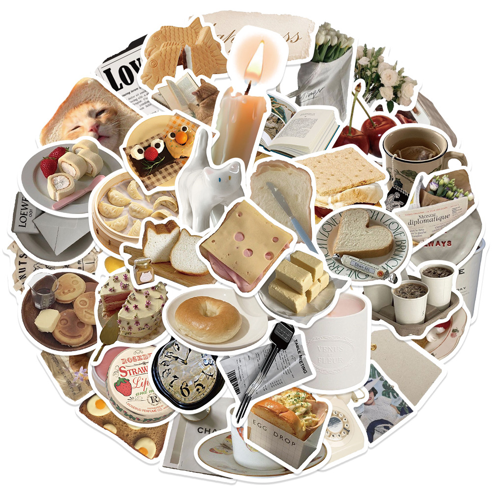 สติกเกอร์ลายแมวและขนมปังแนวย้อนยุค10/30/50ชิ้นสติกเกอร์กราฟฟิตีกันน้ำกระเป๋าตกแต่งสวยงามสมุดบันทึกโทรศัพท์แล็ปท็อปสติกเกอร์สำหรับเด็ก