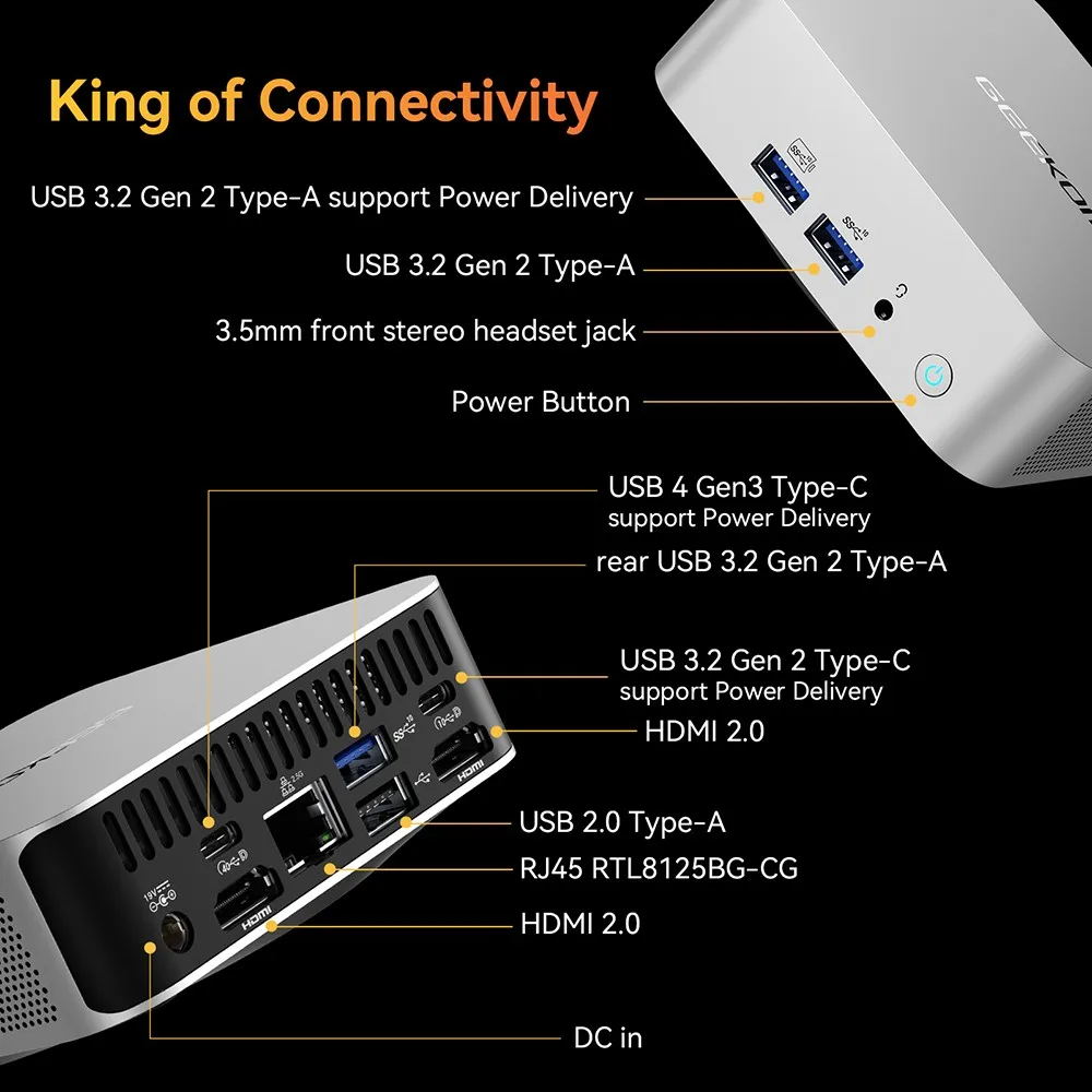 Geekom a8 ai mini pc, amd ryzen 9 8945hs 8 kerne max 5,2 ghz, 32gb DDR5-5600 ram 2tb pcie 4,0 ssd, wifi 6e bluetooth 5,2
