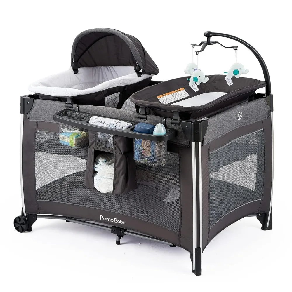 4 in 1 Portable Baby Crib Deluxe Nursery Center, Foldable Travel Playard with Bassinet, Mattress, Changing Table for Newborn,