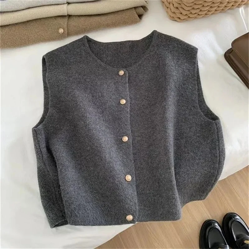 Cárdigan de punto con cuello redondo y botones dorados pequeños de una sola fila estilo entle para mujer, camisola sin mangas de estilo coreano
