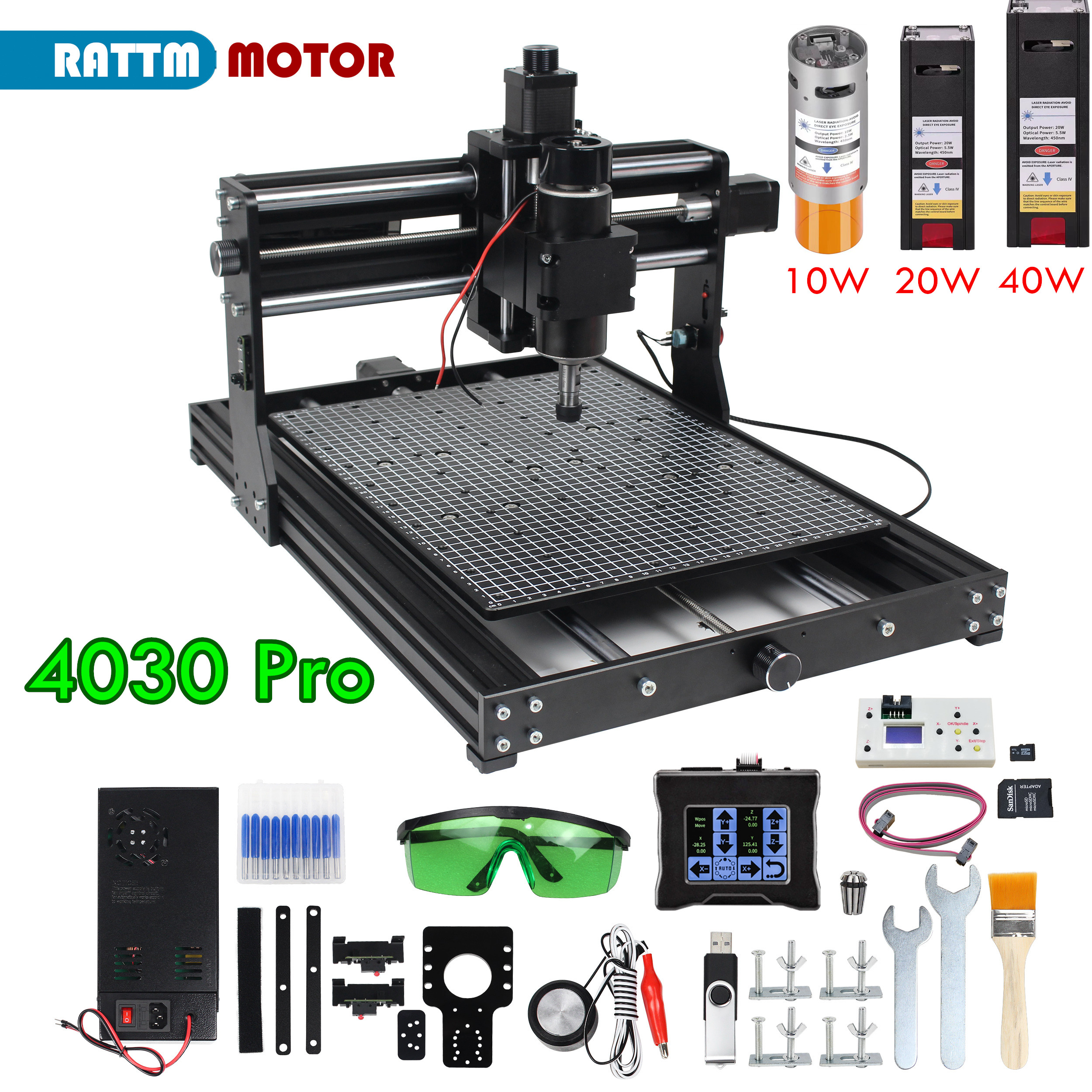 Aggiornato 500W CNC 4030 Pro 2-in-1 3 assi GRBL Macchina per incisione laser su legno e metallo Modulo laser 10W 20W 40W, E-stop, interruttore limitato