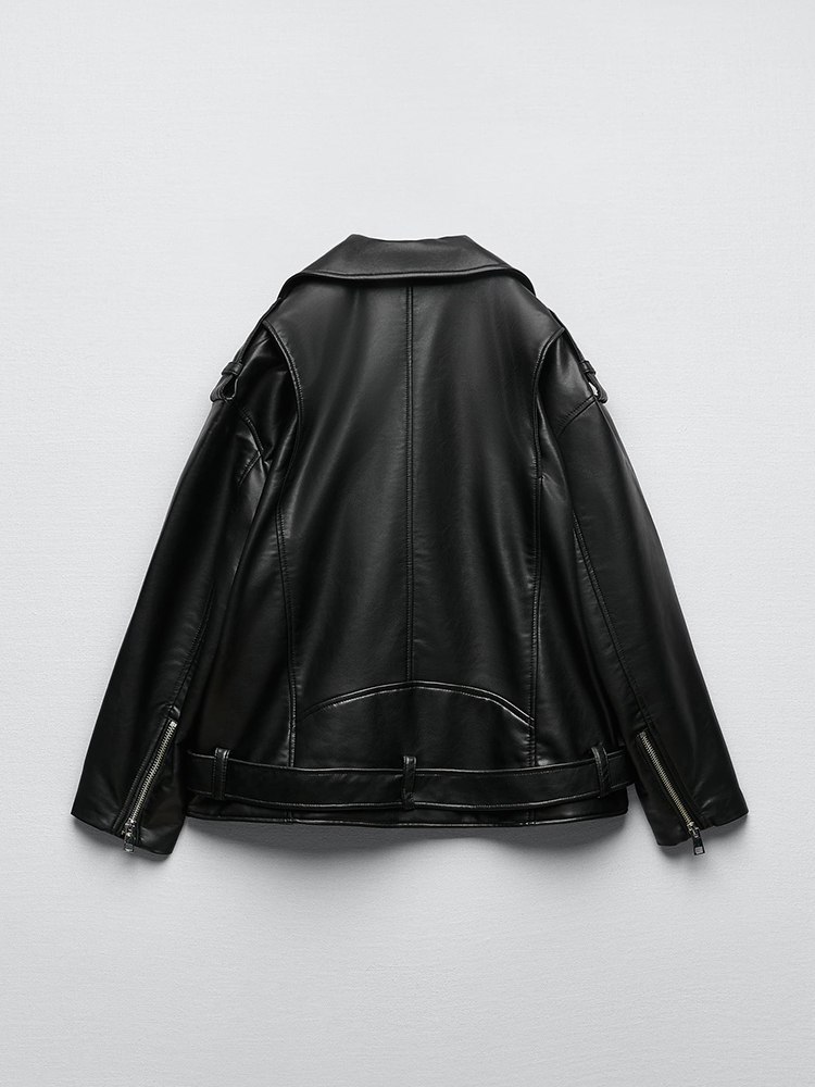 Ailegogo แจ็คเก็ตหนังสังเคราะห์ PU ผู้หญิงสำหรับขี่มอเตอร์ไซค์, เสื้อคลุมมีซิปของผู้หญิงมีสายรัดสำหรับฤดูใบไม้ผลิฤดูใบไม้ร่วง