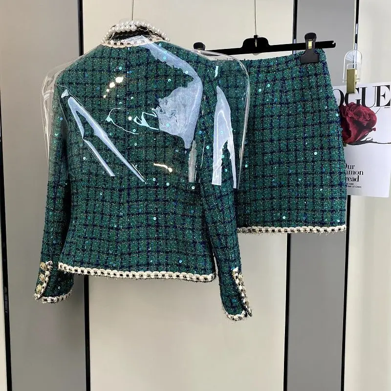 女性のためのツイードの香りのスーツ,トレンディなスーツ,ジャケット,トップスとスカート,グリーンの衣装,ジャカードパーティーの服,2ピースセット,エレガント,冬