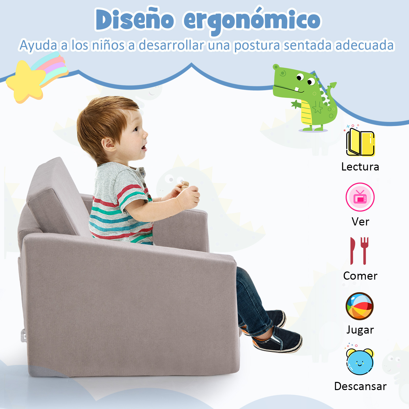 Sillones Infantiles Convertible 2 en 1, Sofá Cama Plegable para Niños, Sofá Convertible en Cama con Funda Suave y Lavable, Muebles para Niños para Habitación de Niños, Dormitorio, Gris Claro