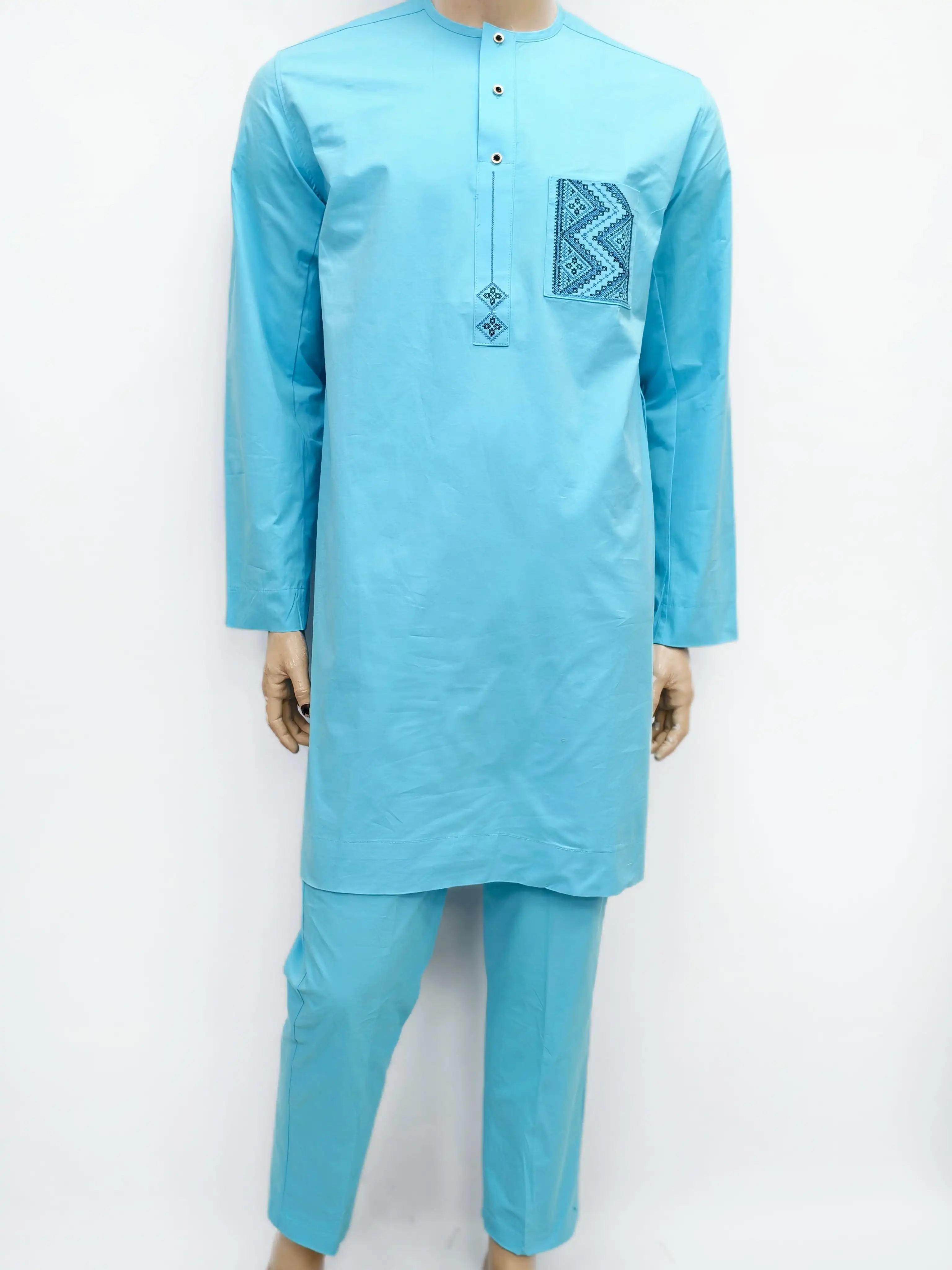 Muçulmano islâmico 100% algodão masculino moda moderna oração eid robe manga longa em torno do pescoço bordado árabe jubba thobe roupas