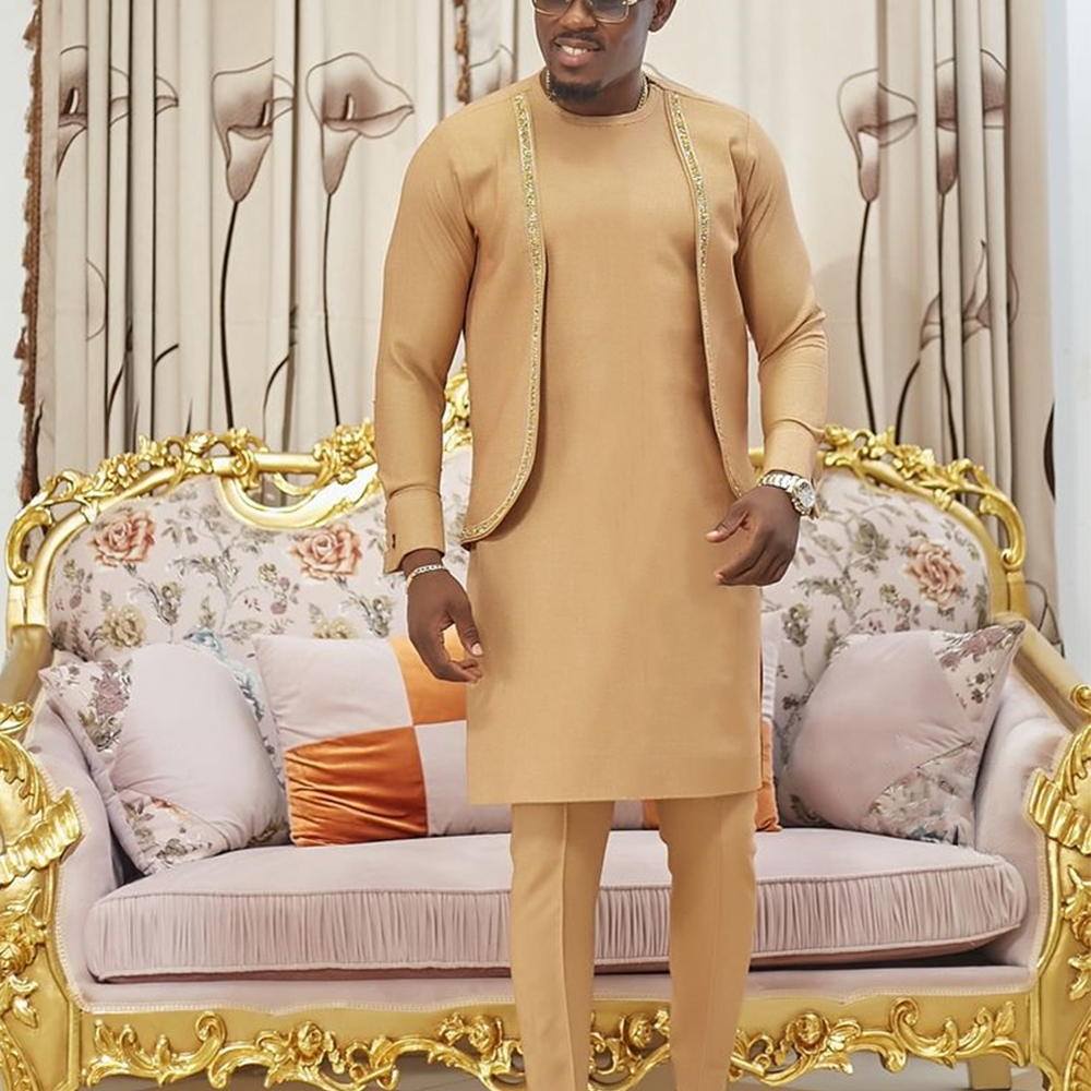 Kaftan nuevo en conjunto tradicional africano para hombre, trajes de dos piezas de manga larga con cuello redondo, elegante y a la moda, 2024