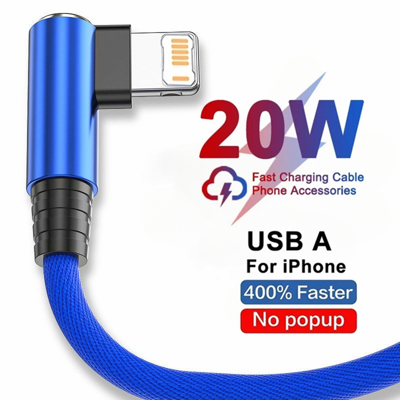 Right Angle Fast Charging USB Cable For iPhone 11 12 13 Pro XS Max X XR 6 6S 7 8 14 Plus Braided Wire Elbow Data Cable 1m 2m 3m