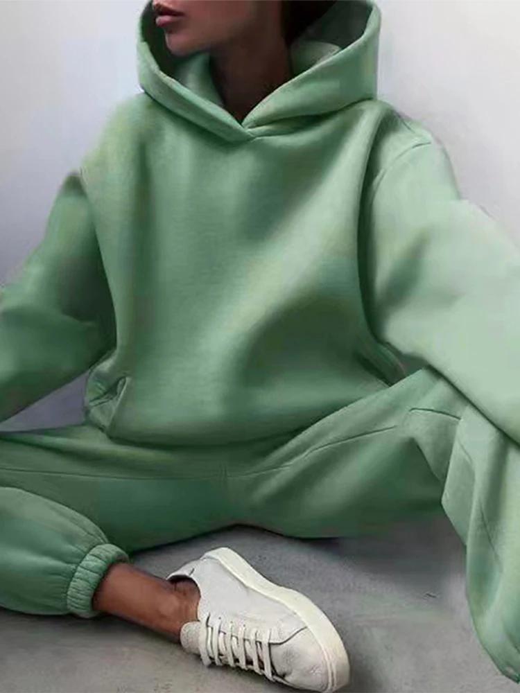 Sólido grosso com capuz conjunto com capuz feminino elástico calças compridas conjunto de duas peças roupas grande bolso design quente solto casual outono inverno