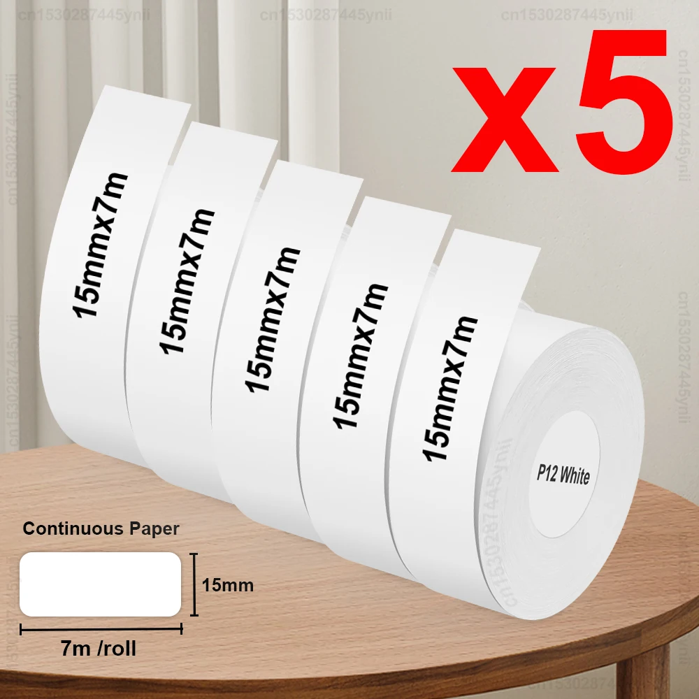 3/5PK P12 Continu Label Tape Waterdicht zelfklevend Thermisch Label Papierrol 15mm x 7m voor Marklife P12 P15 D30 Labelprinter