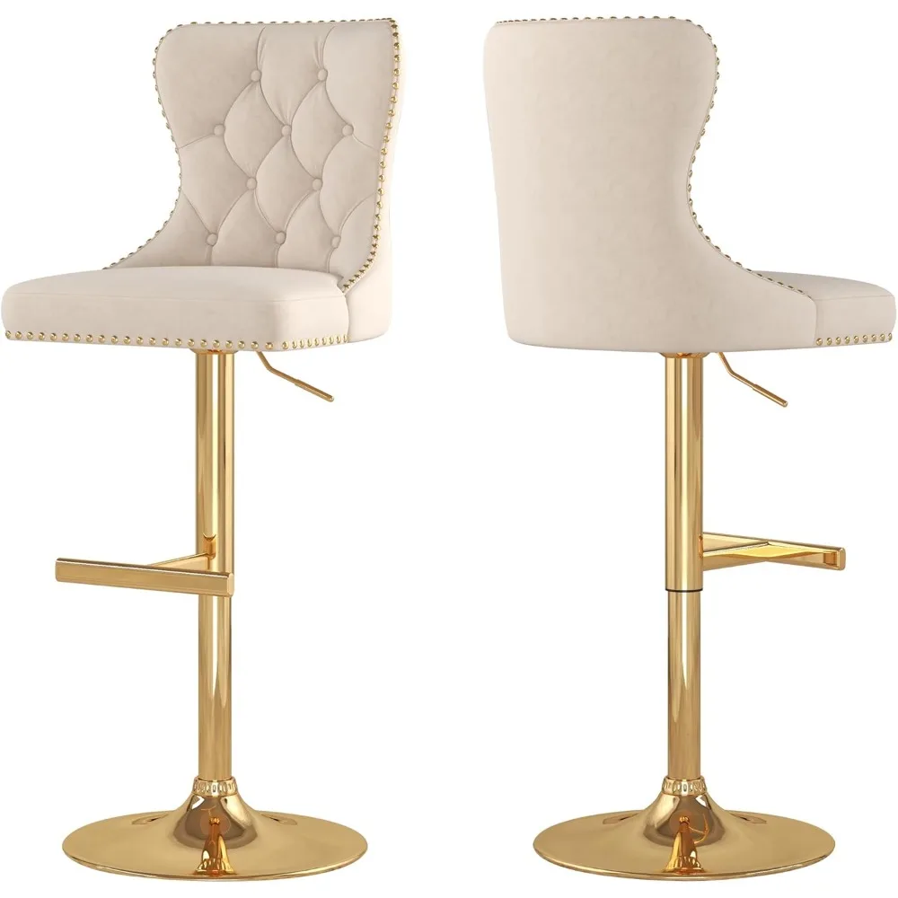 Bar Stools Set of 2, Velvet Swivel Counter Height Stools with Tufted Back, Adjustable Seat with Nailheads Trim, Upholstered Bar