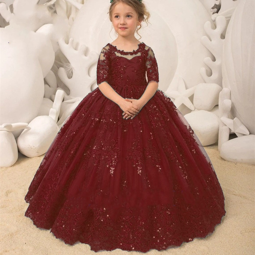 Smaragdgrüne lange Prinzessin Blumen mädchen Kleider Applikationen Bogen Tüll halbe Ärmel Hochzeits feier Ballkleid Geburtstag Festzug Robe