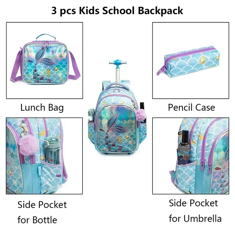 Set di zaini per bambini con ruote Zaino per bambini con borsa per il pranzo isolata e astuccio per borse per ragazzi e ragazze