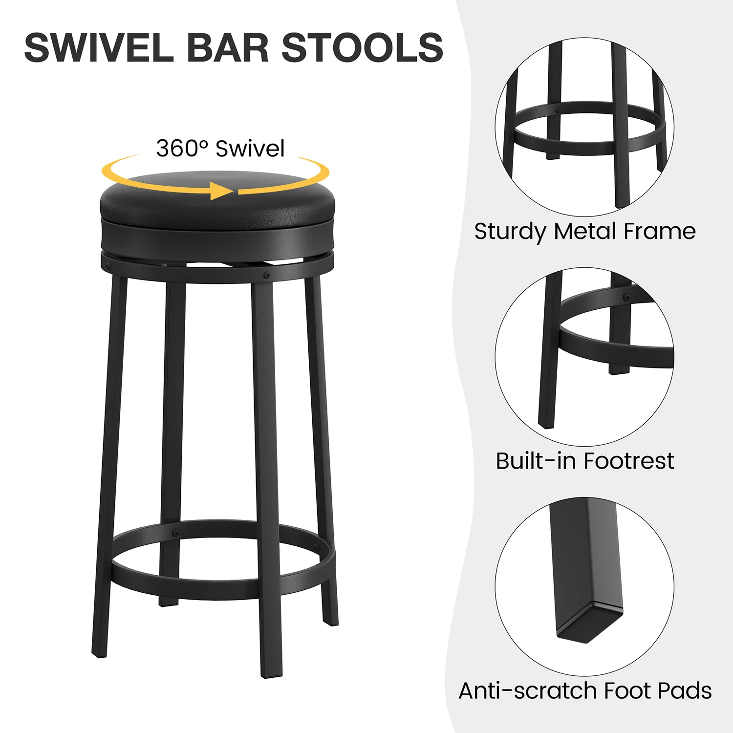 24'' Swivel Bar Stools Backless Modern Counter Height Barstools with PU Leather Upholstered and Metal Frame for Kitchen Island