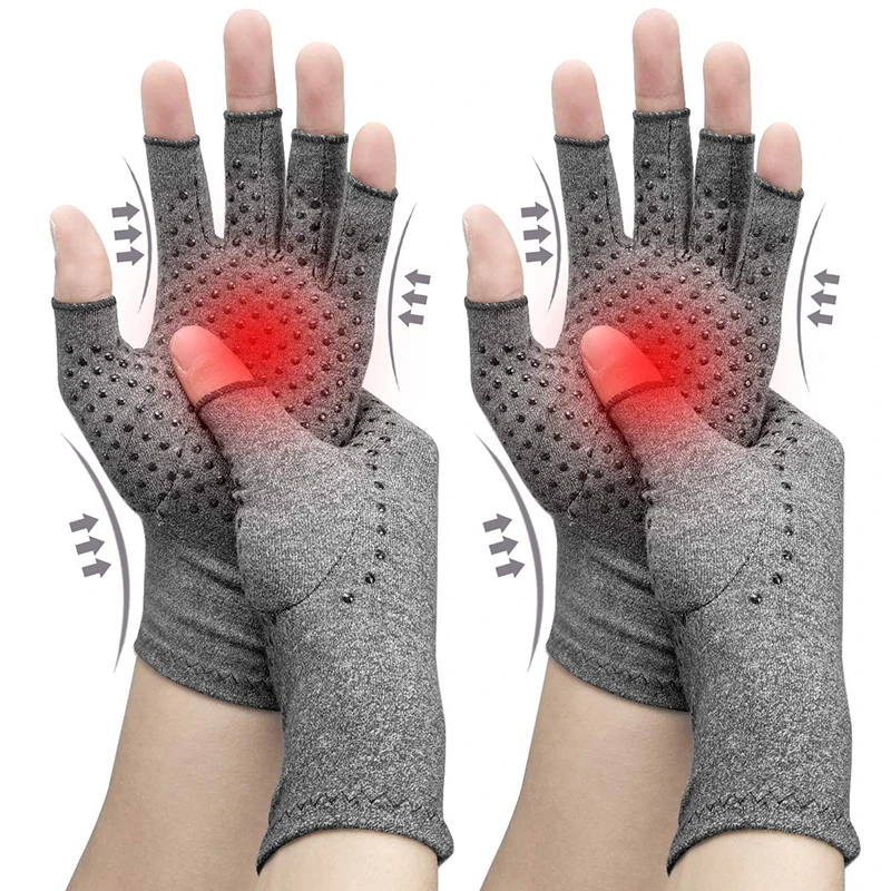 1 par de guantes de compresión de medio dedo gris para aliviar el dolor de artritis al instante con guantes de presión antideslizantes para hombres y mujeres