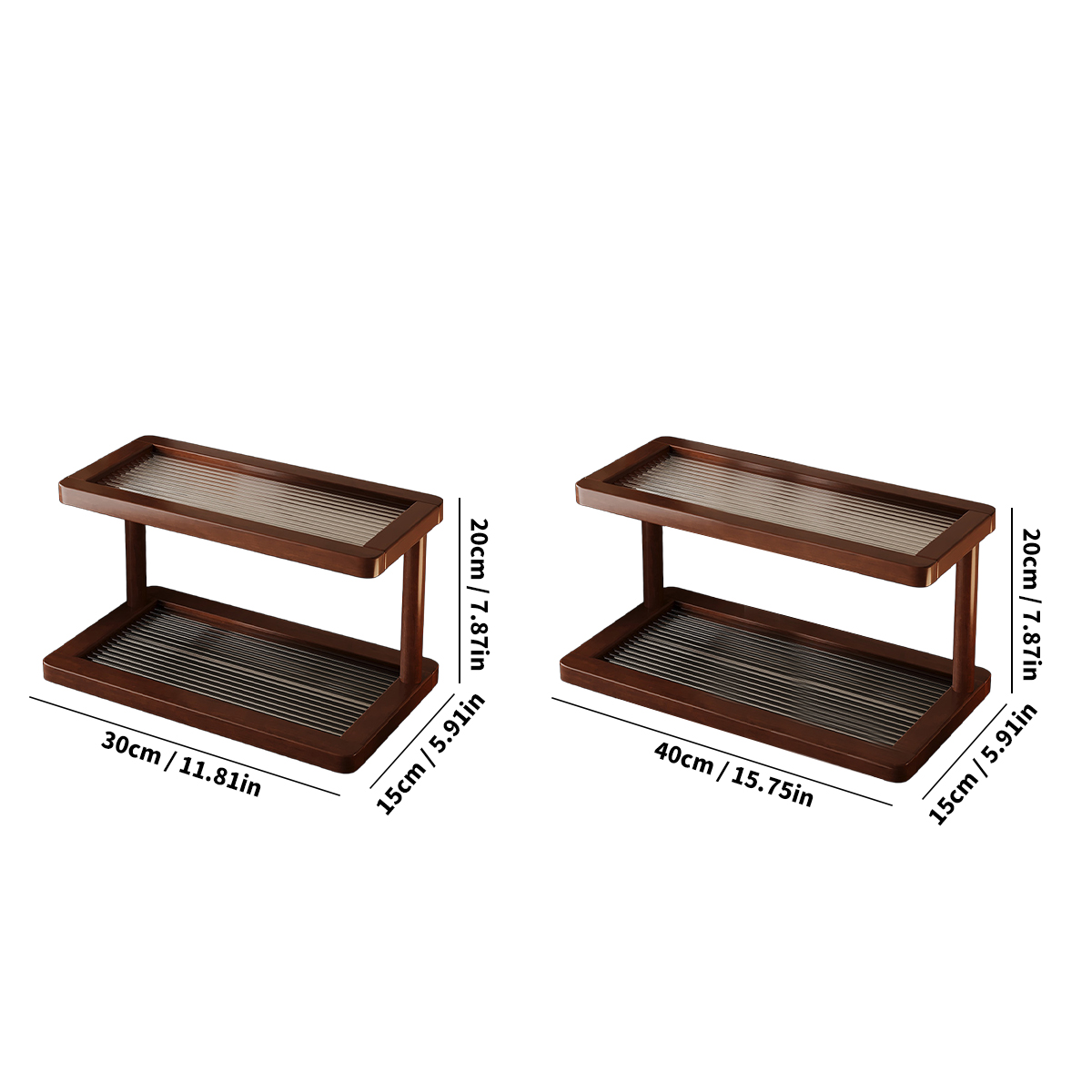 Organizador de vaidade de bambu de 2 camadas com base acrílica, rack de armazenamento ecológico de cosméticos/perfumes para banheiro e cozinha (noz)