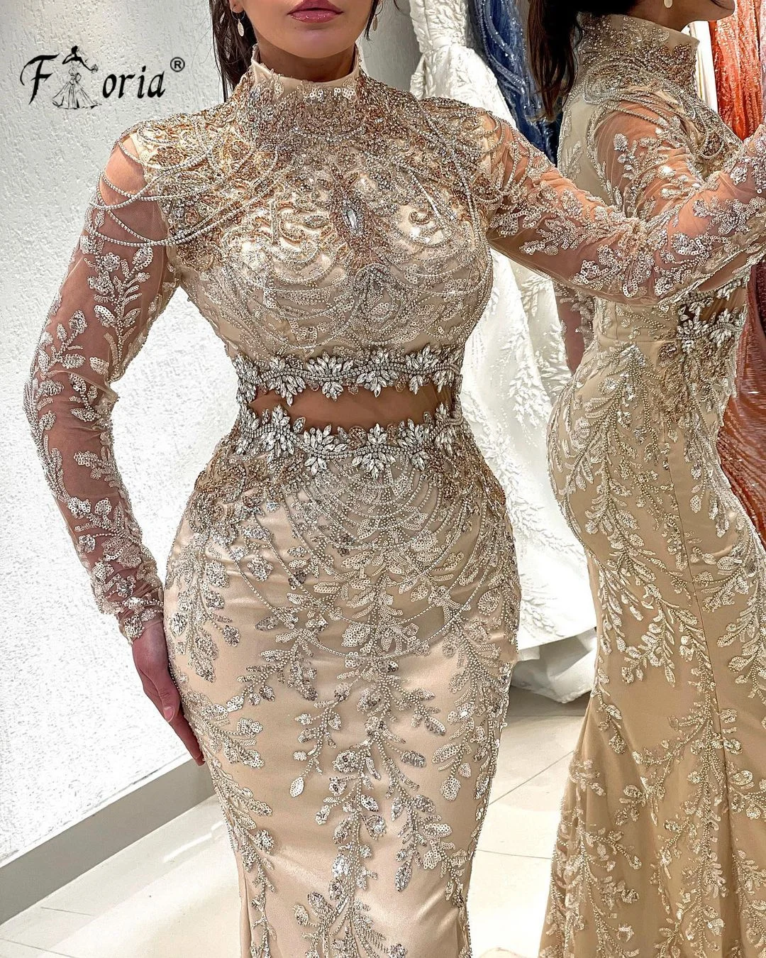 Luxe Dubai Vrouw Kralen Zeemeermin Trouwfeest Jurk Kristallen Kwastjes Kant Formele Avondjurken Midden-Oosten Celebrity Jurken