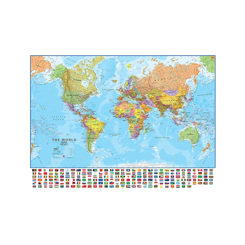 Mapa mundi grande dobrável de 150x100cm com bandeiras, mapa físico do mundo para viagens, material escolar de escritório para quarto e sala de estar