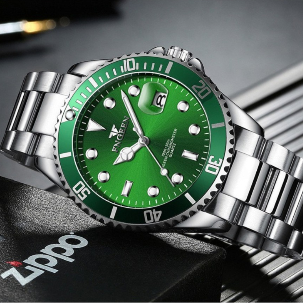 FNGEEN Water Ghost คู่นาฬิกา Big Dial สีเขียวกันน้ําปฏิทินวันที่หรูหราผู้ชายผู้หญิงรอบควอตซ์นาฬิกา Relogio Feminino