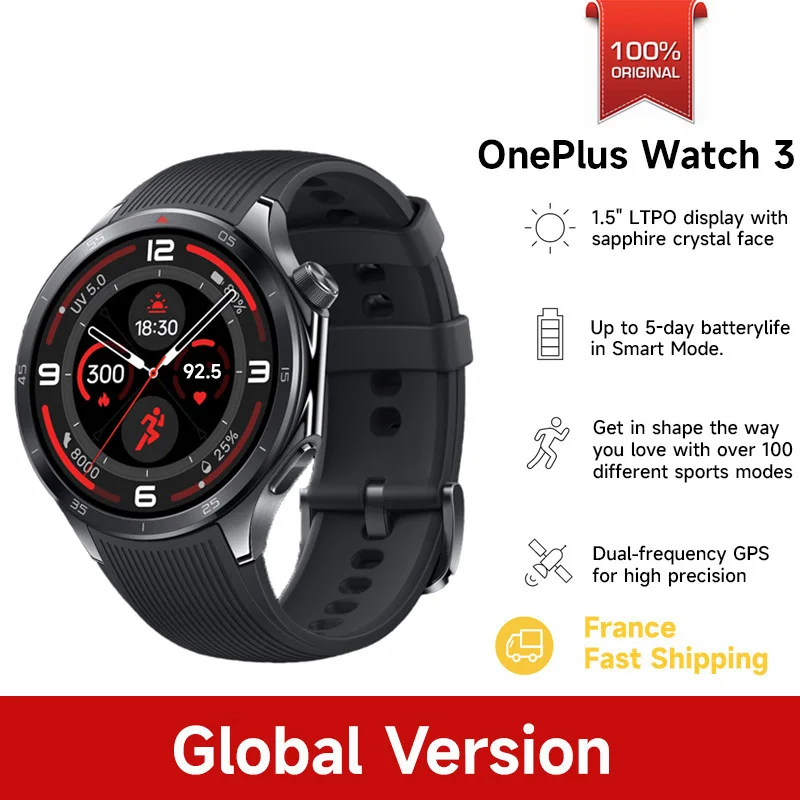 Globalna wersja inteligentnego zegarka OnePlus Watch 3 1,5-calowy wyświetlacz AMOLED 32 GB pamięci Snapdragon W5 Wear OS firmy Google IP68