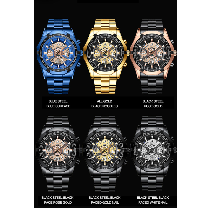 BINBOND-Homens de aço inoxidável impermeável relógios de quartzo, masculino azul relógios de pulso, marca superior, luxo, oco