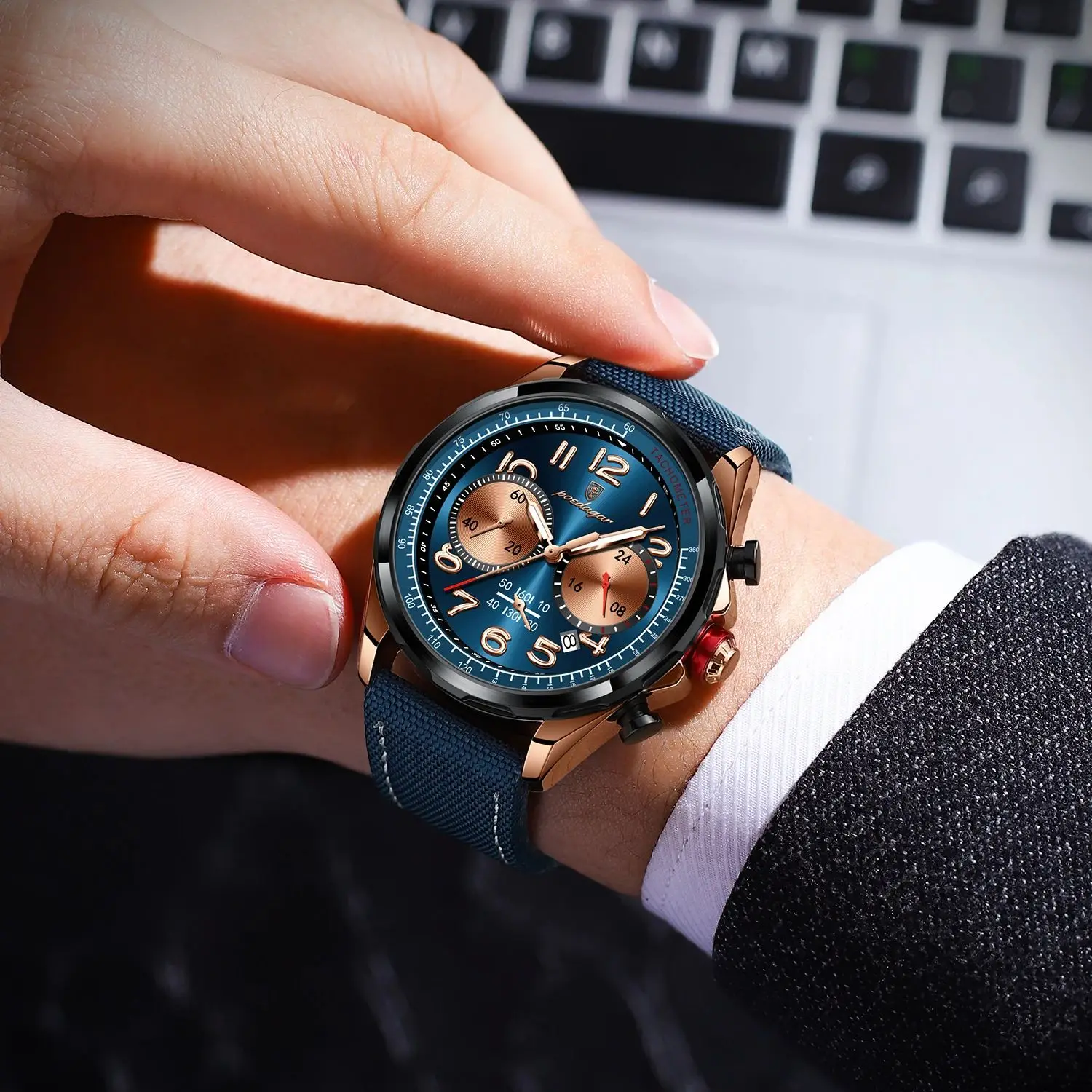 Reloj POEDAGAR de lujo para hombre, Reloj de pulsera con correa de cuero y nailon de cuarzo para hombre, cronógrafo luminoso resistente al agua, relojes con fecha para hombre, Reloj + caja