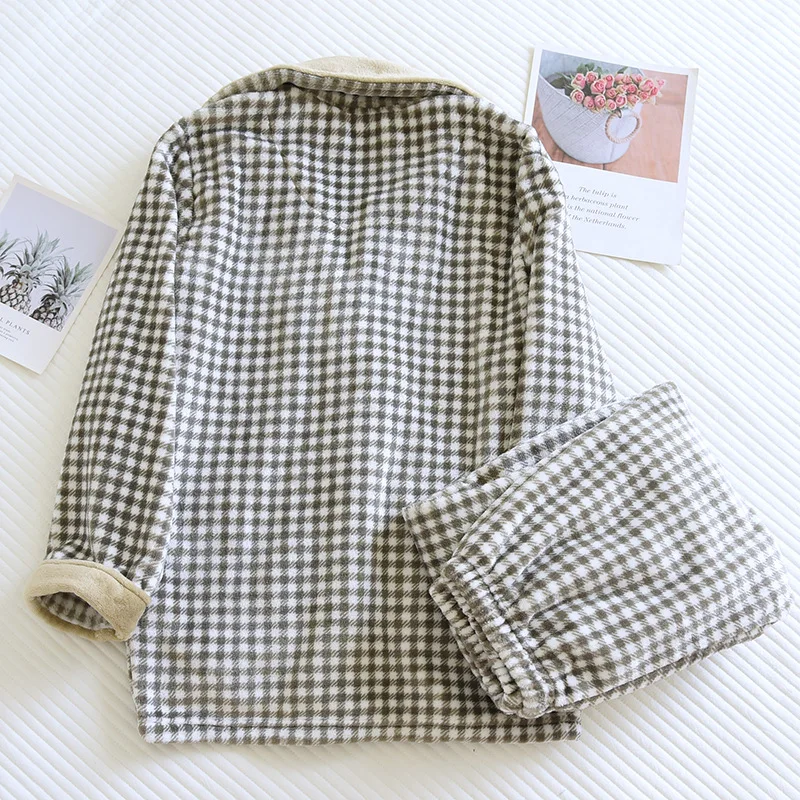 Outono e inverno novo pijama de flanela engrossado masculino calças de manga comprida de duas peças xadrez abotoado serviço de casa terno pijama