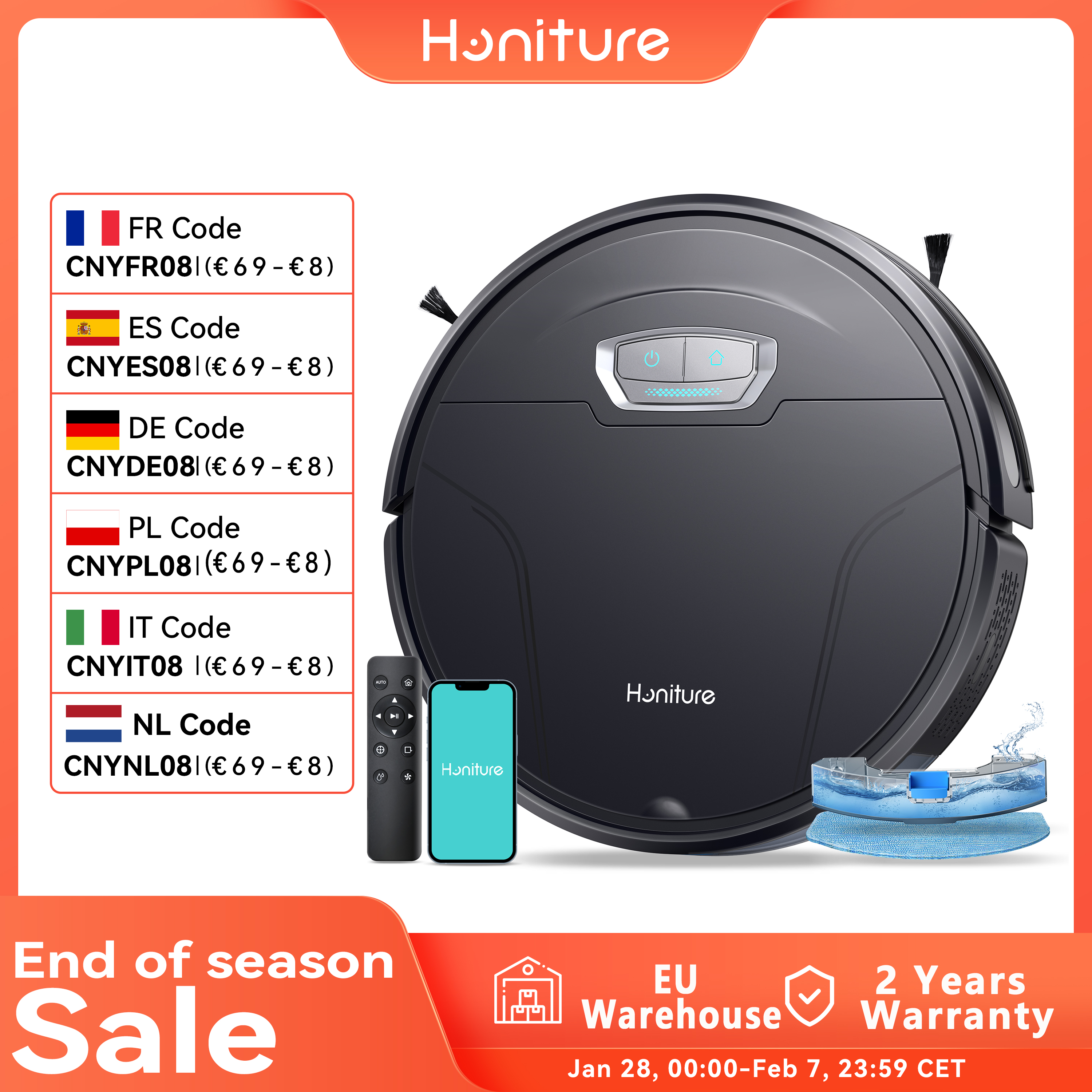 Honiture Aspirateur robot 6000Pa aspiration de bain 3 en 1, application d'auto-chargement, télécommande et voix,