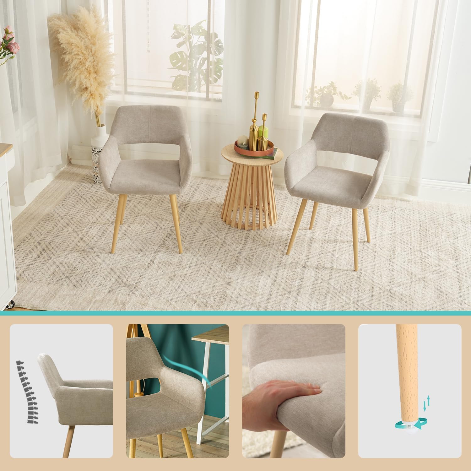 Dining Chairs Set of 2 with Arms Fabric Upholstered Seat Backrest Armchair for Dressing Table Desk Lounge Living Roo