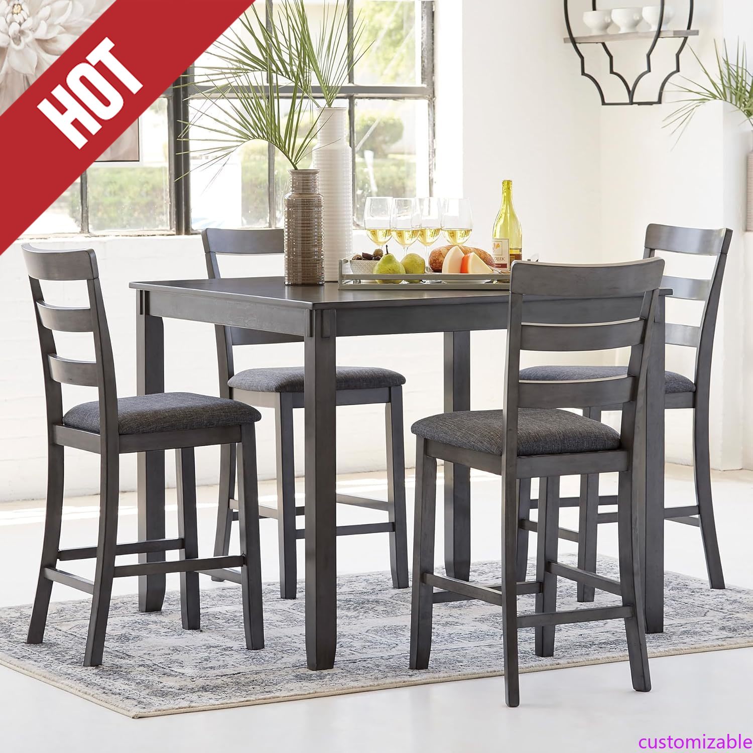 Customizable Bridson 5 Piece Counter Height Dining Room Set, Includes Table & 4 Bar Stools, Gray