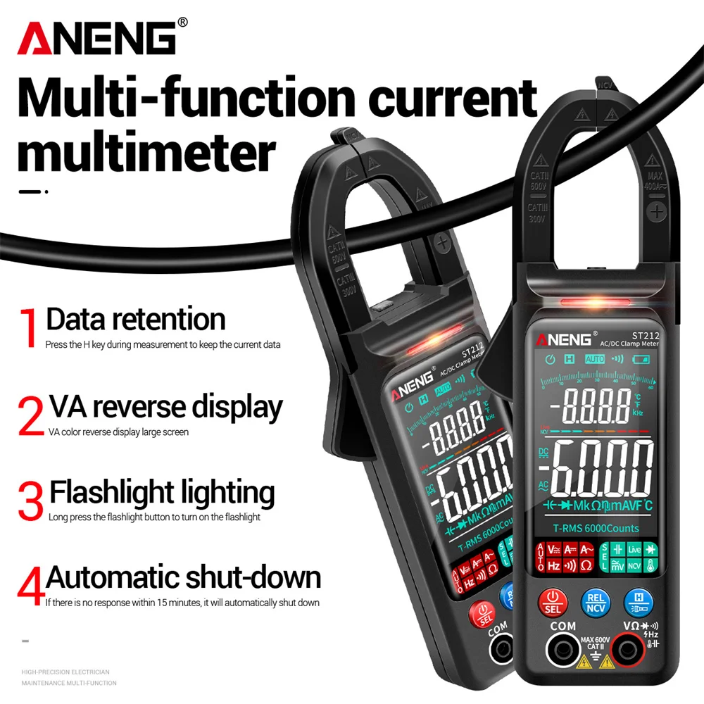 Multímetro de abrazadera Digital ANENG ST212 medidor de corriente CC/CA 6000 recuentos 400A Amp pantalla grande a Color probador de voltaje coche Hz NCV Ohm