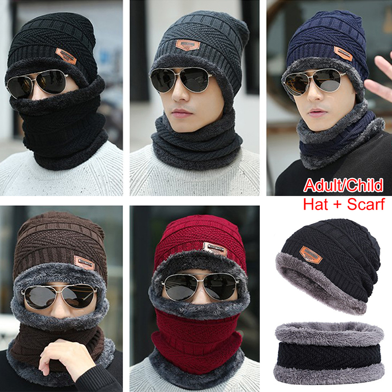 2022 Winter Beanie Hat Voor Mannen Gebreide Muts Winter Cap Beanie Kinderen Dikke Wollen Sjaal Cap Balaclava Masker Motorkap hoeden Set