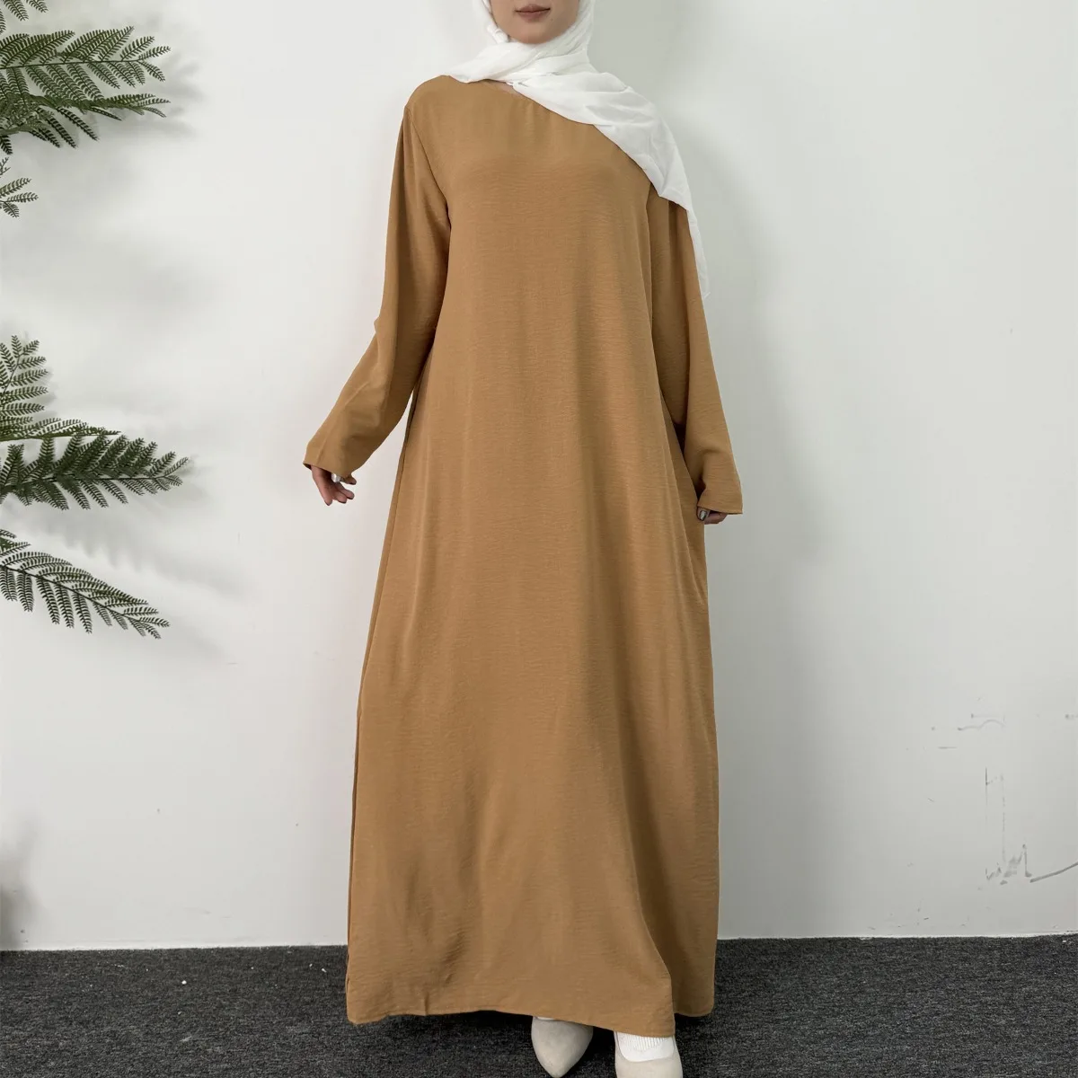 Lange Damenkleider Ramadan-Kaftan mit Rundhalsausschnitt, solides, elegantes, langärmliges muslimisches Abaya-Maxikleid, Damenbekleidung