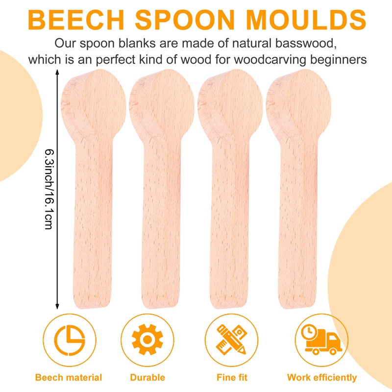 4 Pcs Wood Carving Spoon Blank Beech Wood Unfinished Wooden Craft Whittling Kit For Whittler Starter