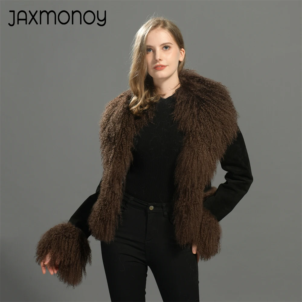 Jaxmonoy จริงหนังสําหรับผู้หญิงแกะมองโกเลียแท้ขนสัตว์ Trim Suede แจ็คเก็ตหนังฤดูหนาวแฟชั่นขนสัตว์เสื้อฤดูใบไม้ร่วง