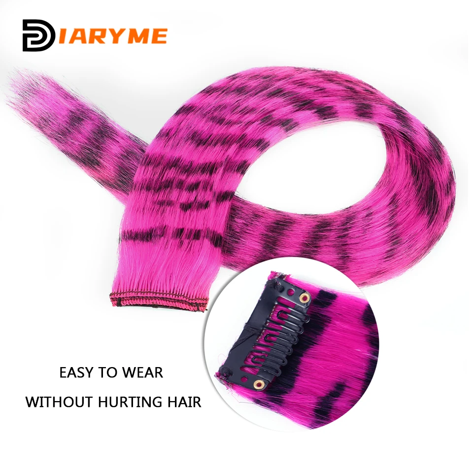 Extensão de cabelo sintético com uma cartão, peruca longa e reta com prendedor colorido de linha zebra, extensões de cabelo de penas, cabelo falso