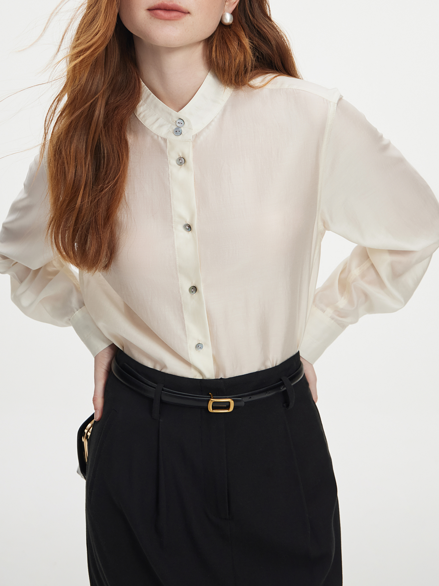 Fsle escritório senhora lyocell pequeno gola alta camisa casual para mulher, 2024 outono nova camisa solta e versátil 24fs13168