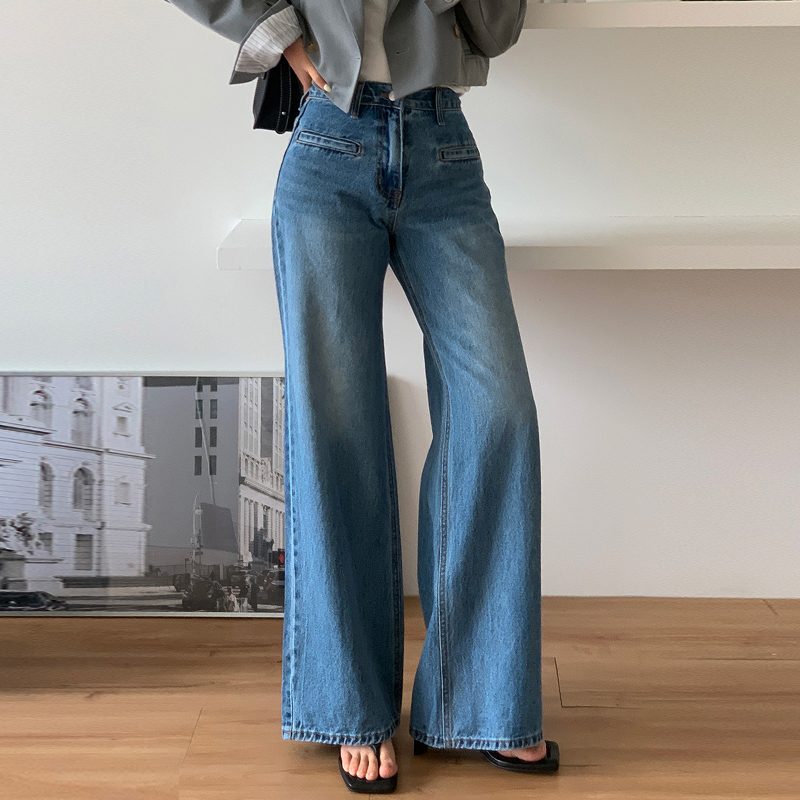 痩身ハイウエストストレートレッグジーンズ女性の夏の新デザインニッチマイクロフレアパンツワイドレッグ長ズボン