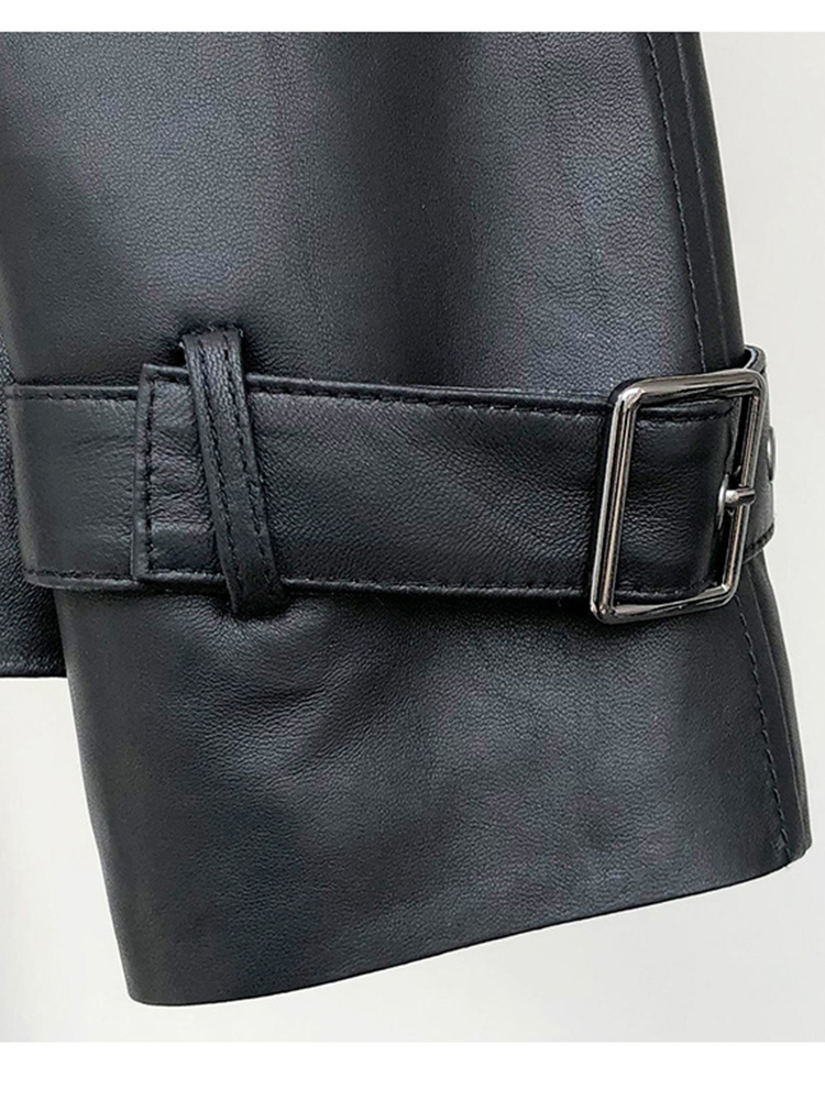 Nerazzurri ฤดูใบไม้ผลิสีดำสั้นนุ่มหนัง Faux Trench Coat สำหรับผู้หญิง Raglan Sleeve Lapel คู่แฟชั่น