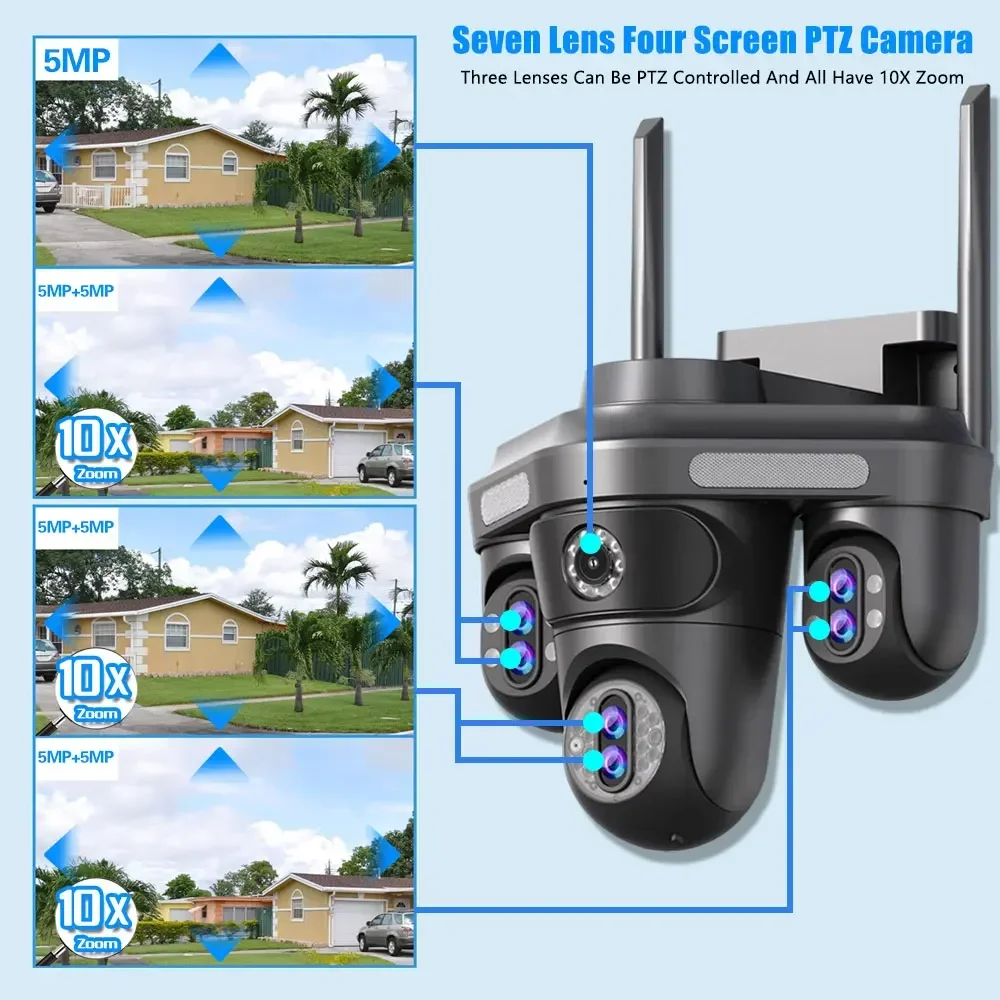 7 Lens 4 Screens PTZ IP Camera 35MP Outdoor 4K Wireless WiFi Security Camera 10X Zoom Auto Tracking CCTV Video Camera Waterproof