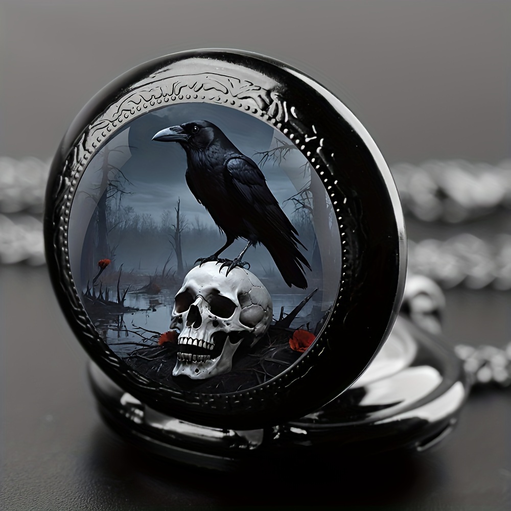 Vintage Gothic Crow & Skull Pattern Design,with Black Chain, Quartz Movement, Mini Size Retro Pocket for Halloween Gift