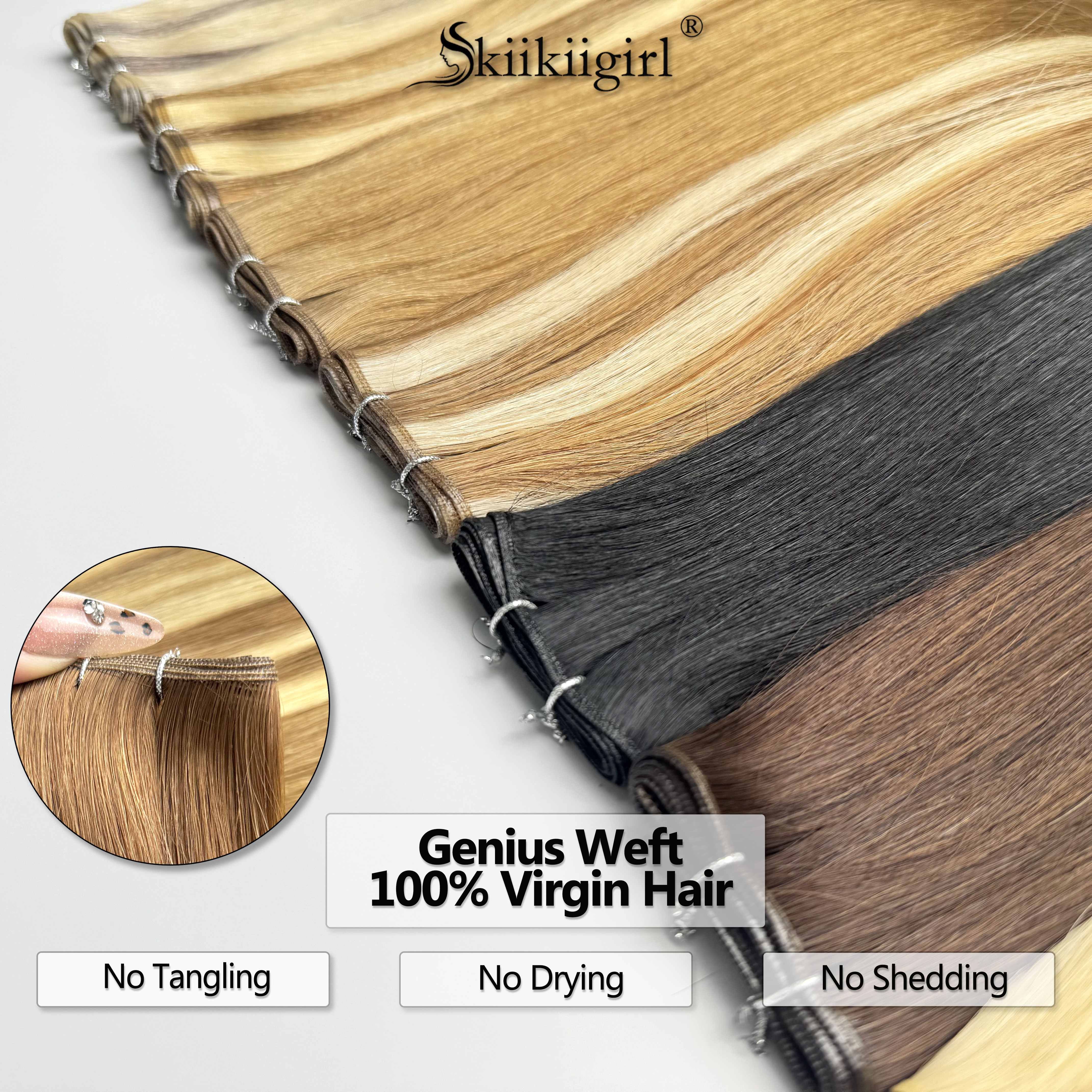 Extensions de cheveux humains Genius Trame 100G paquets blonds doubles dessinés trame de cheveux vierges droites invisibles extrémité complète qualité supérieure