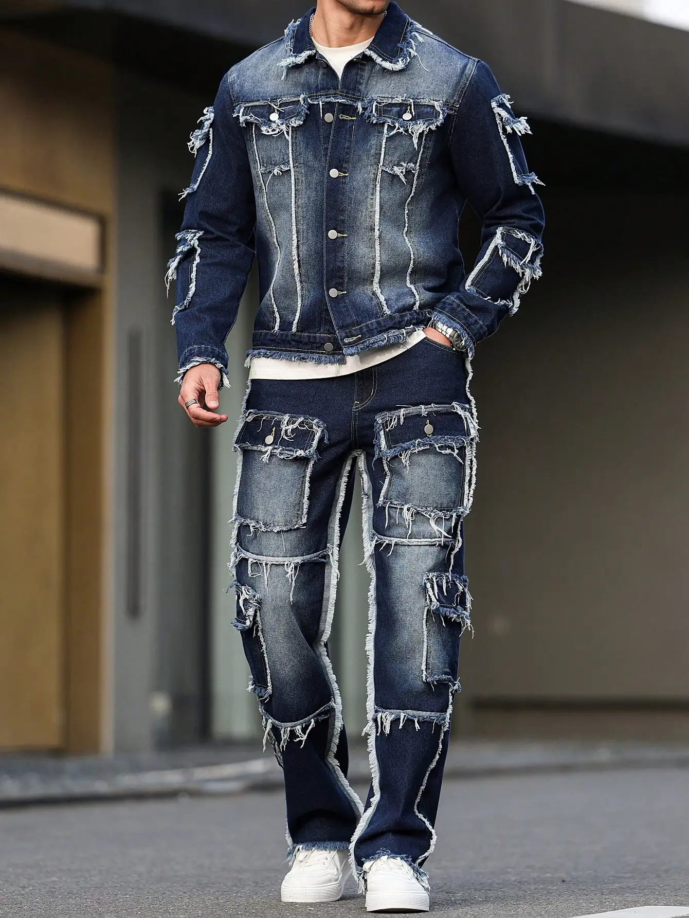 Terno jeans masculino primavera e outono, design com vários bolsos, estilo calças largas e retas