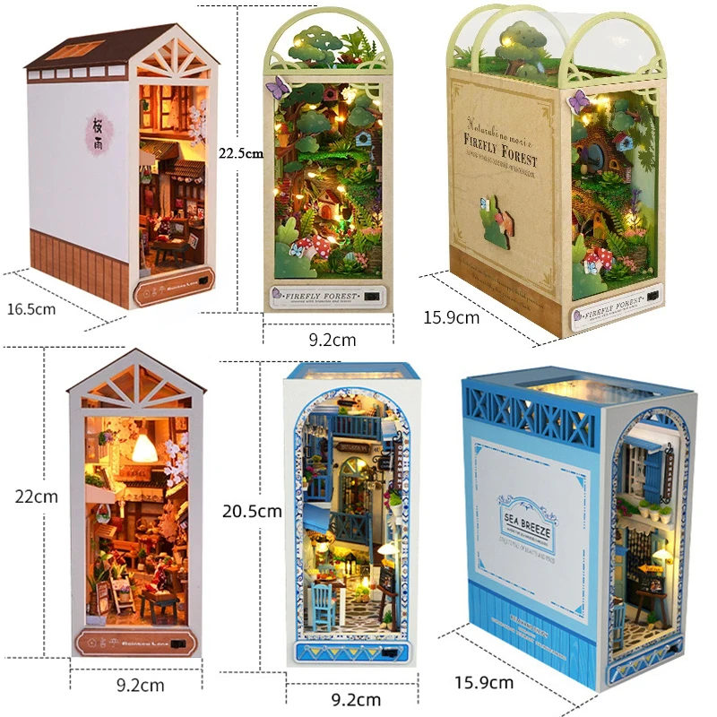 DIY Wooden Book Nook Shelf Insert Miniature Building Kits Cyberrpunk World Bookshelf Assembly Bookend for Adults Birthday Gifts