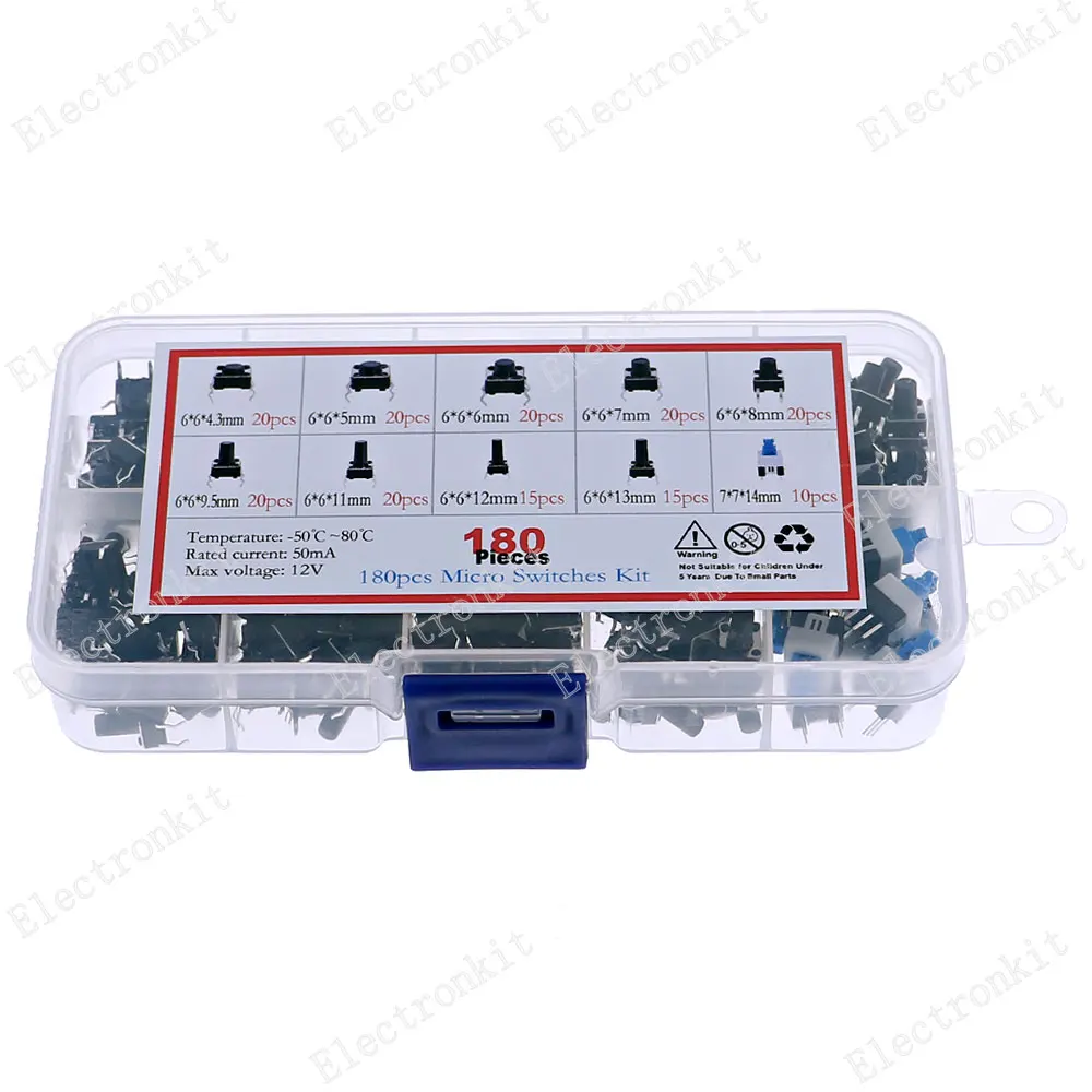 180 pz 10 tipo 6*6 luce Micro interruttore tattile Set interruttore a pulsante assortimento Set fai da te 6x6 tasti Tact ON/OFF kit pacchetto misto