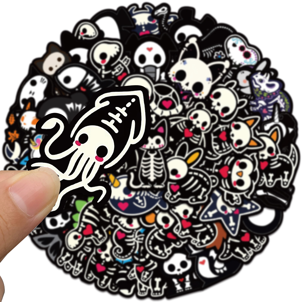 50pcs Cute Cartoon Animals Skeleton Skull Stickers for Laptop Water Bottle Luggage Notebook Waterproof Graffiti Vinyl Decals