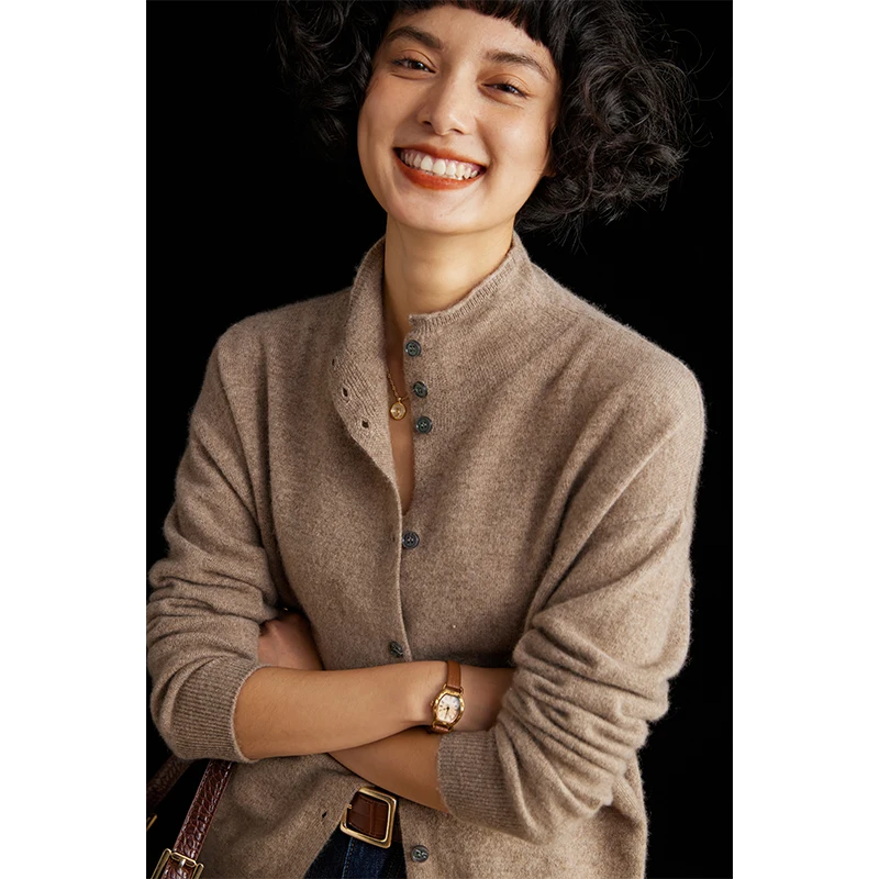 Женский приталенный шерстяной кардиган с полувысоким воротником, однотонный кашемировый вязаный свитер с длинными рукавами, универсальное повседневное пальто